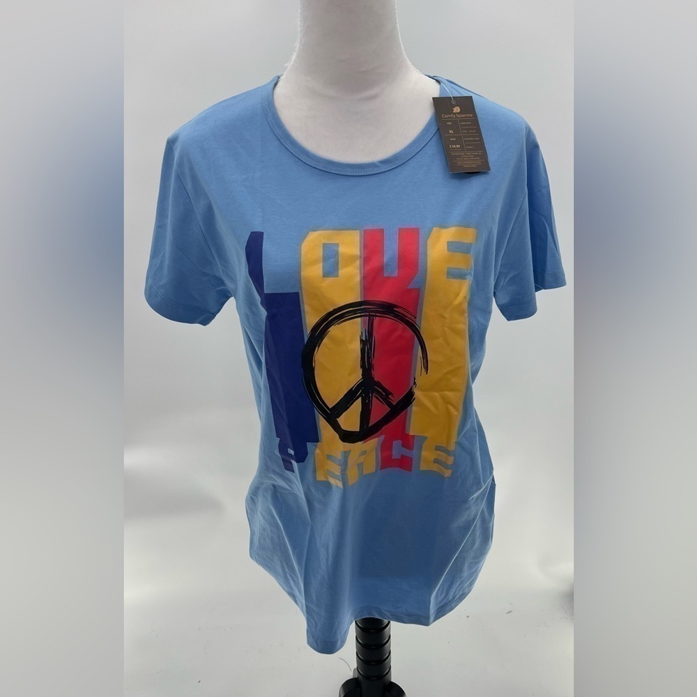 Comfy Sparrow Peace Logo Love Crew T.Shirt - Light Blue XL NWT